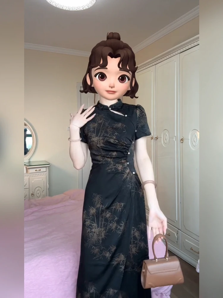 

XZY Xinzhengyan Retro Chinese Sle New Version Qipao Dr Women's Summer High Sensation Split Long Dr plus Size