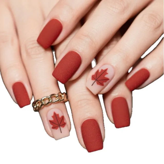 

2026 New Simple 24-Piece Nail Art Patchwork in Burgundy Maple Leaf Style, Autumn/Winter Short European Square Wearable Nail Art