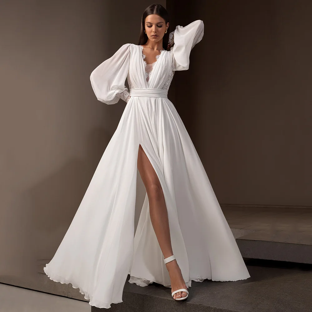 

Romantic Women Chiffon Side Slit Wedding Dress Puff Long Sleeves Lace V-Neck Open Back Beach Bridal Gown Sweep Train Customized
