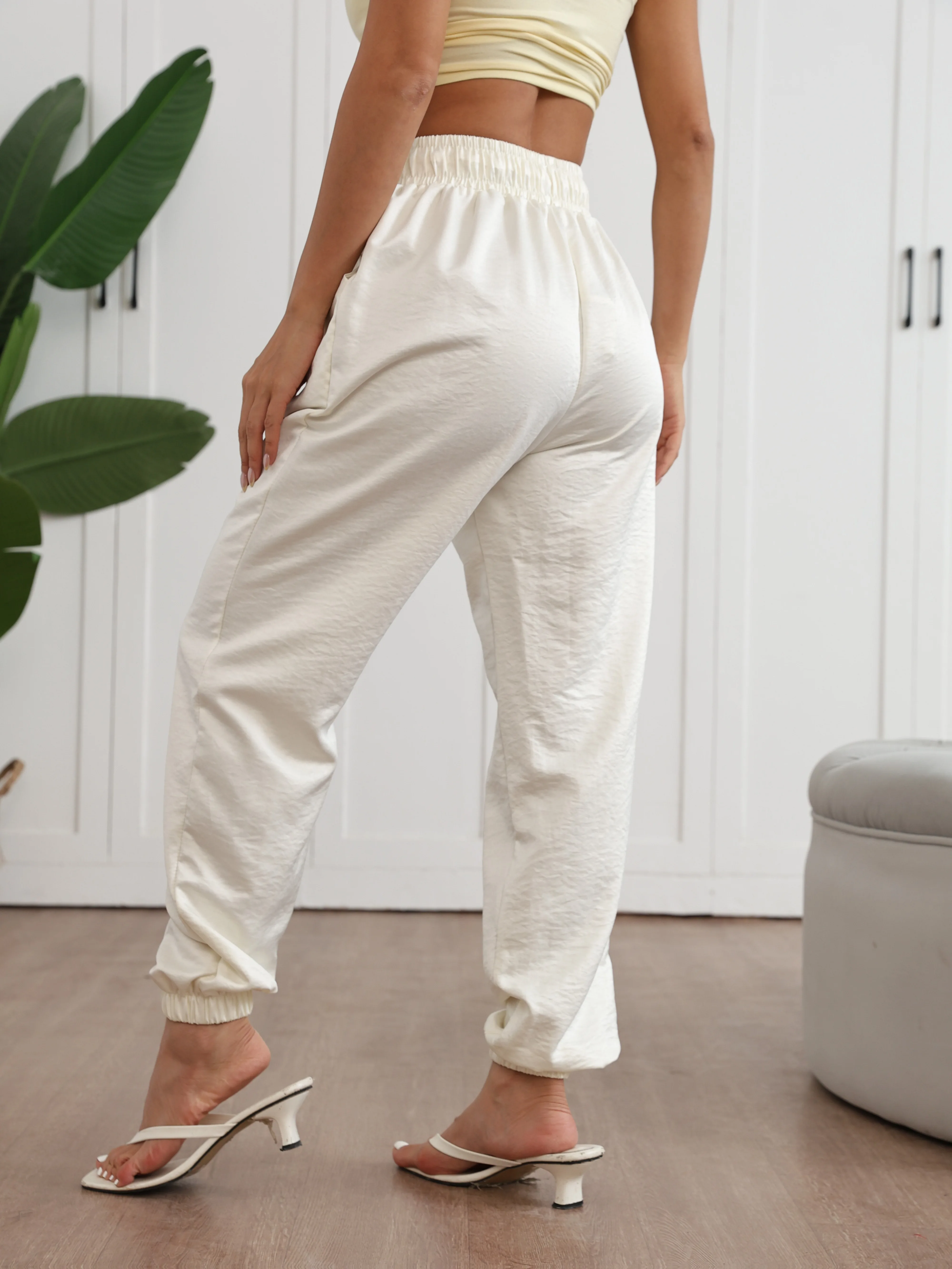Women Jogger Pants, Elastic Drawstring High Waist Trousers With Side Pockets, Textured Flowy Thin Fabric, Loose Harem Fit, Ankle