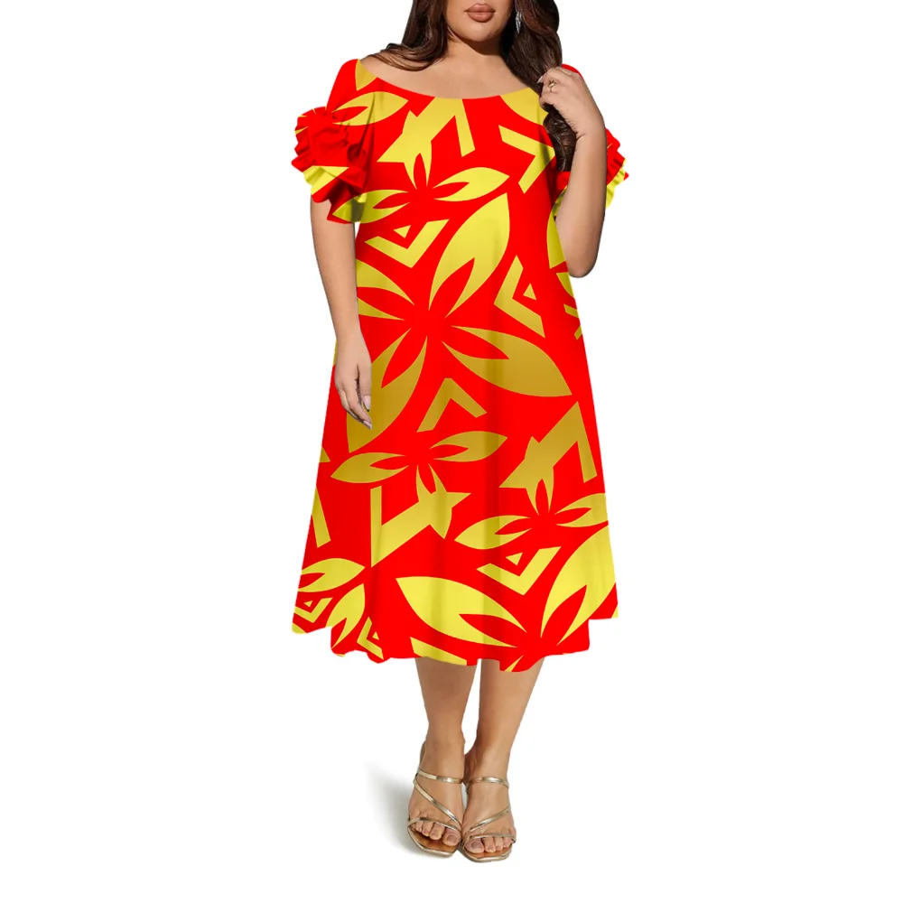 Nowo zaprojektowana damska sukienka maxi z krótkim rękawem i okrągłym dekoltem, z jednym ramiączkiem, z motywem polinezyjskiego wyspy.