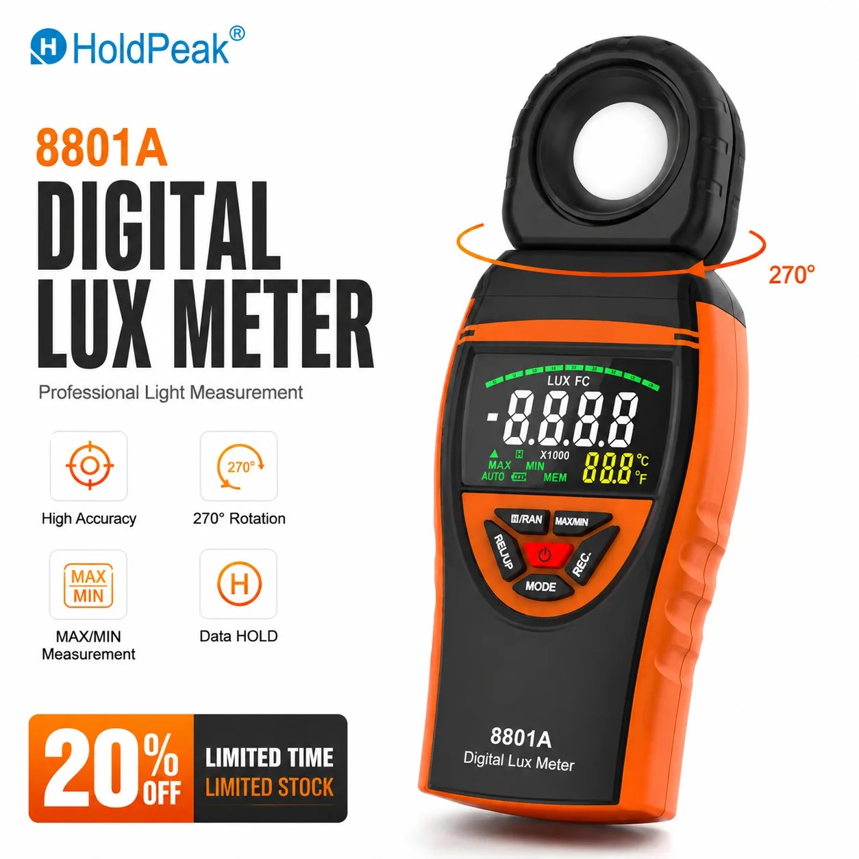Handheld Digital Light Meter 0.1-400,000 Lux,Lux/Fc Illuminance Tester with 270° Rotating Sensor and Large Color Backlit Display