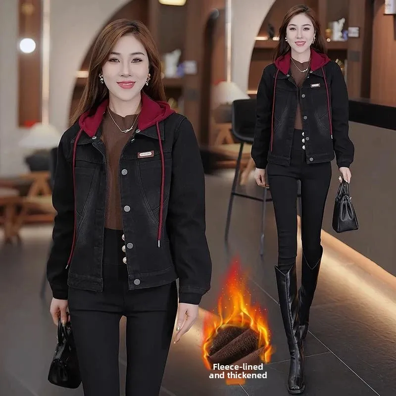 Thiened Fce 후드 데님 재킷 여성 캐주얼 오버사이즈 루즈핏 패셔너블 겨울 2024 신상 다용도 아우터웨어