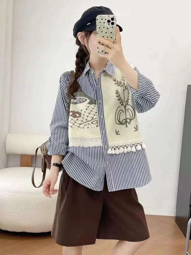 New 2026 Autumn Women Cotton Long Sleeve Shirt, Lapel Woollen Tassel Patchwork, Mori Girl Korean Commute Loose Blouse T6O320CC
