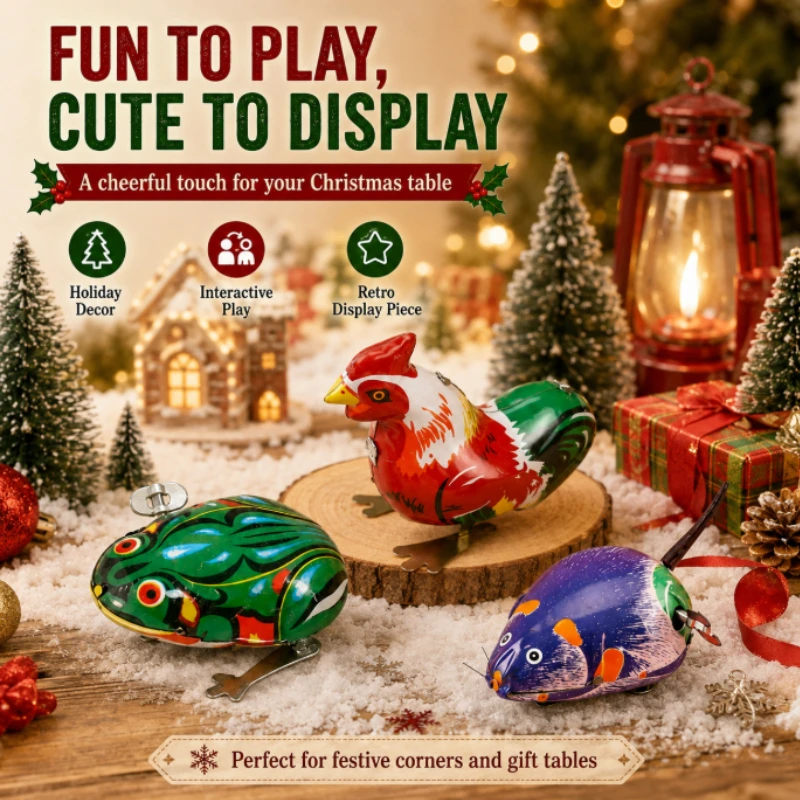 Festive Christmas Wind‑Up Tin Toy Collection Retro Clockwork Jumping Animal Figurine Home Xmas Party Decor Ornament