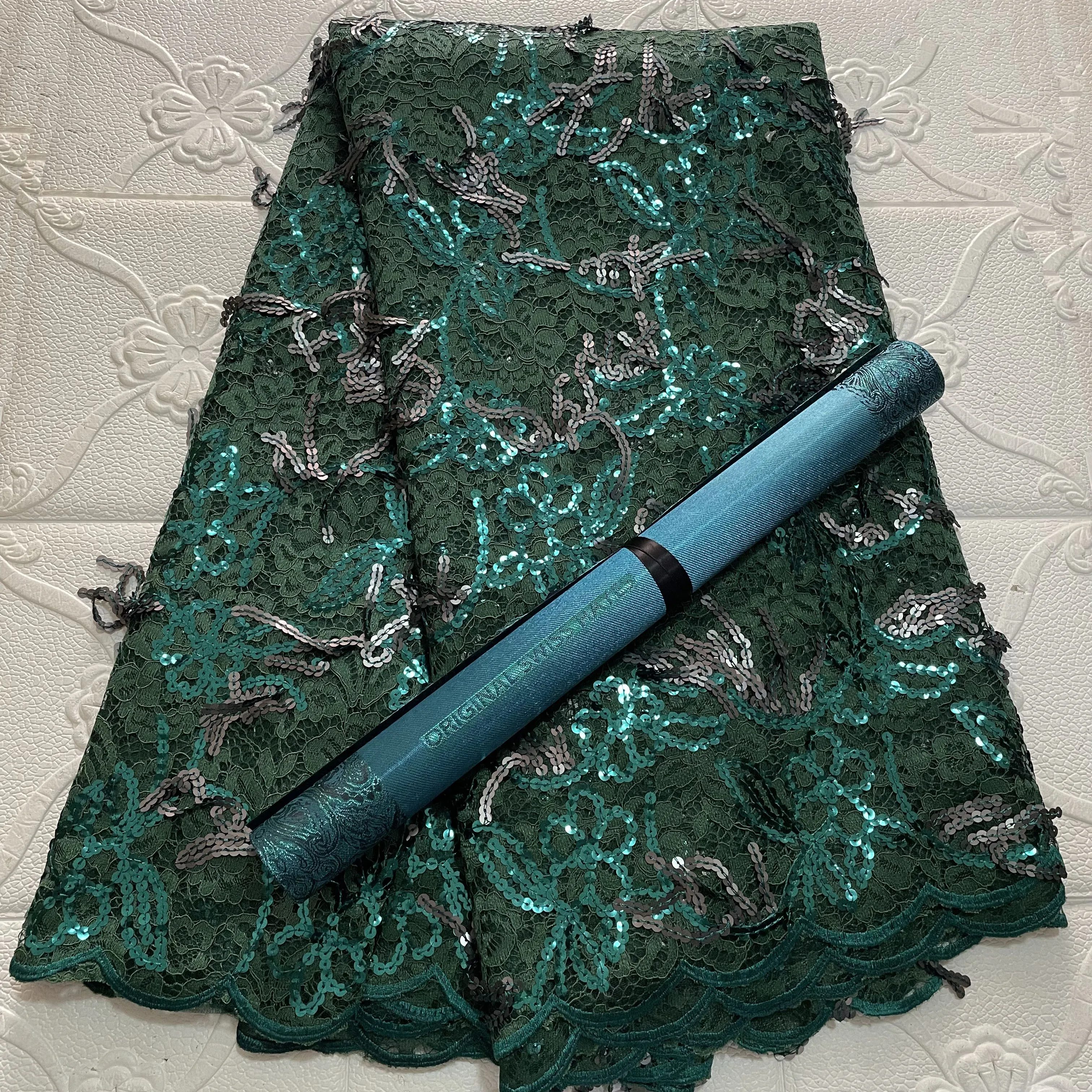 

African Luxury Tassel Sequins Lace Fabrics French Net Embroidery Tulle Materials 5Yards Match Hayes JS Sego Gele Headtie 2 Pcs