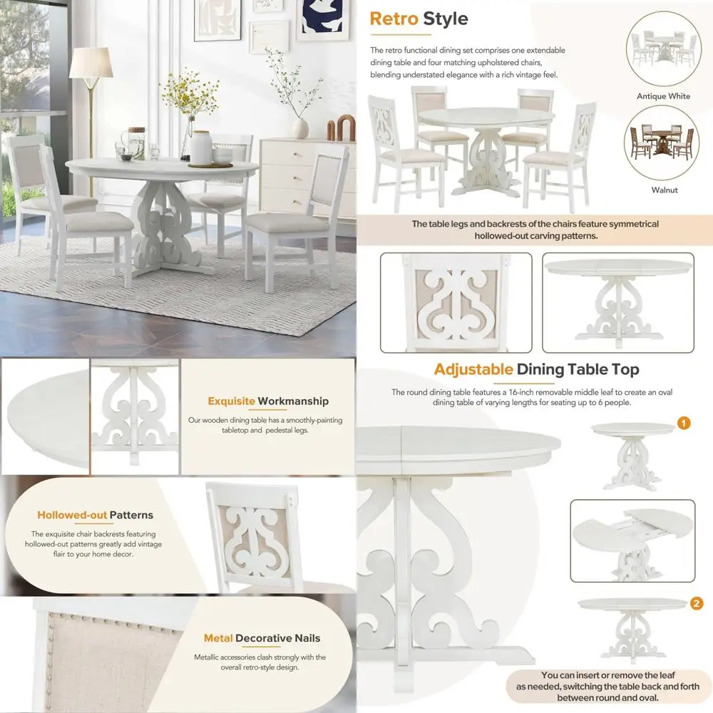 4-Seat Extendable Farmhouse Dining Table Set with Upholstered Chairs
