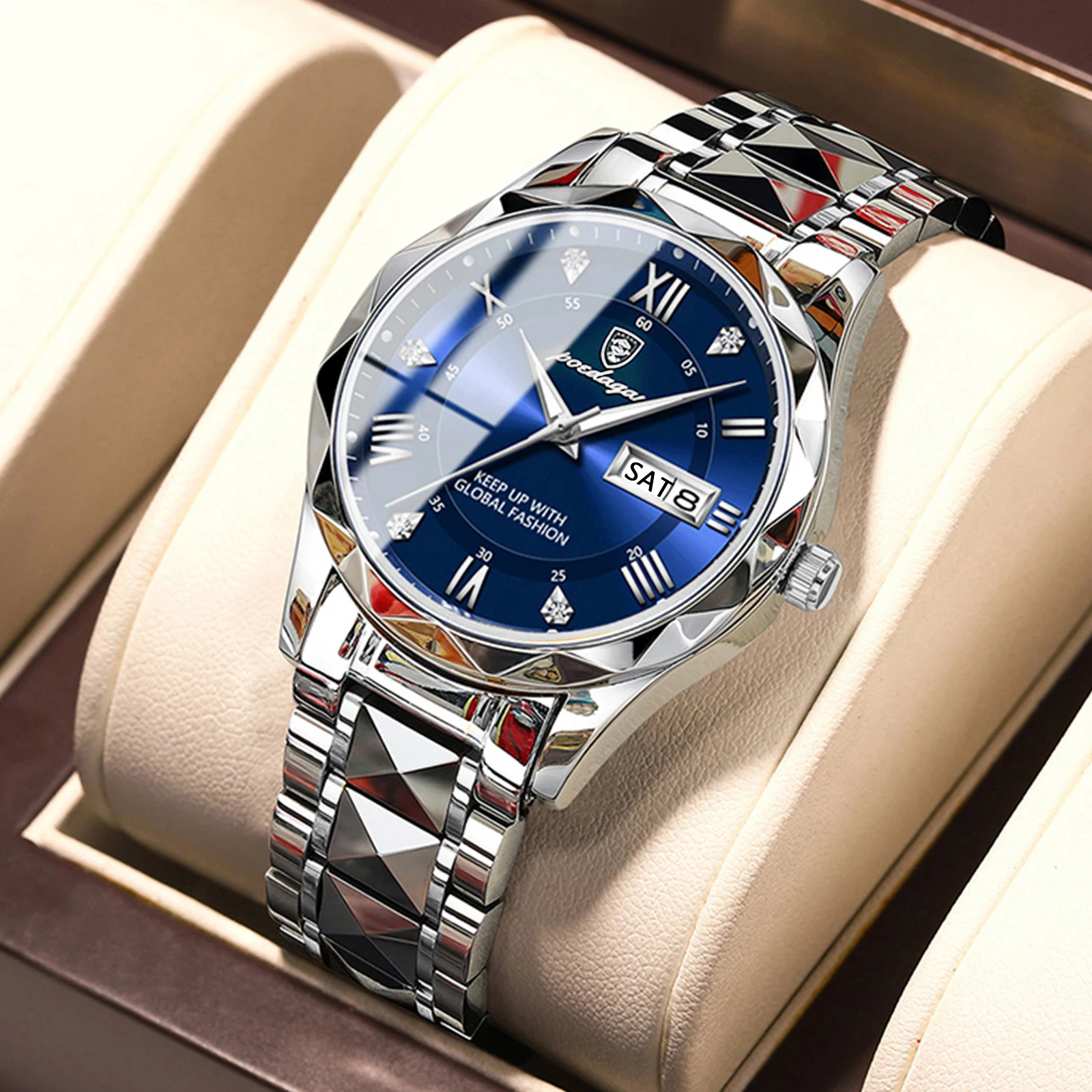 POEDAGAR Top Luxury Men's Quartz Watch Date Week Stainless Steel Watches For Men High Quality Waterproof Luminous Man Wristwatch