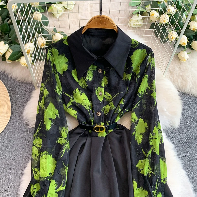 French style retro mesh printed dress women light luxury satin splicing waist cinching and slimming big swing long skirt