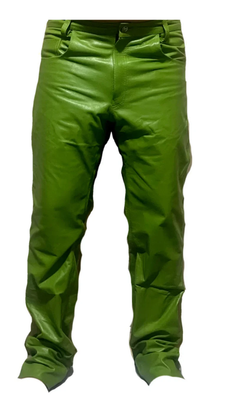 Leather Pants Men's Jeans Style Multi-pocket Motorcycle Green Pants European and American Fashion Trends