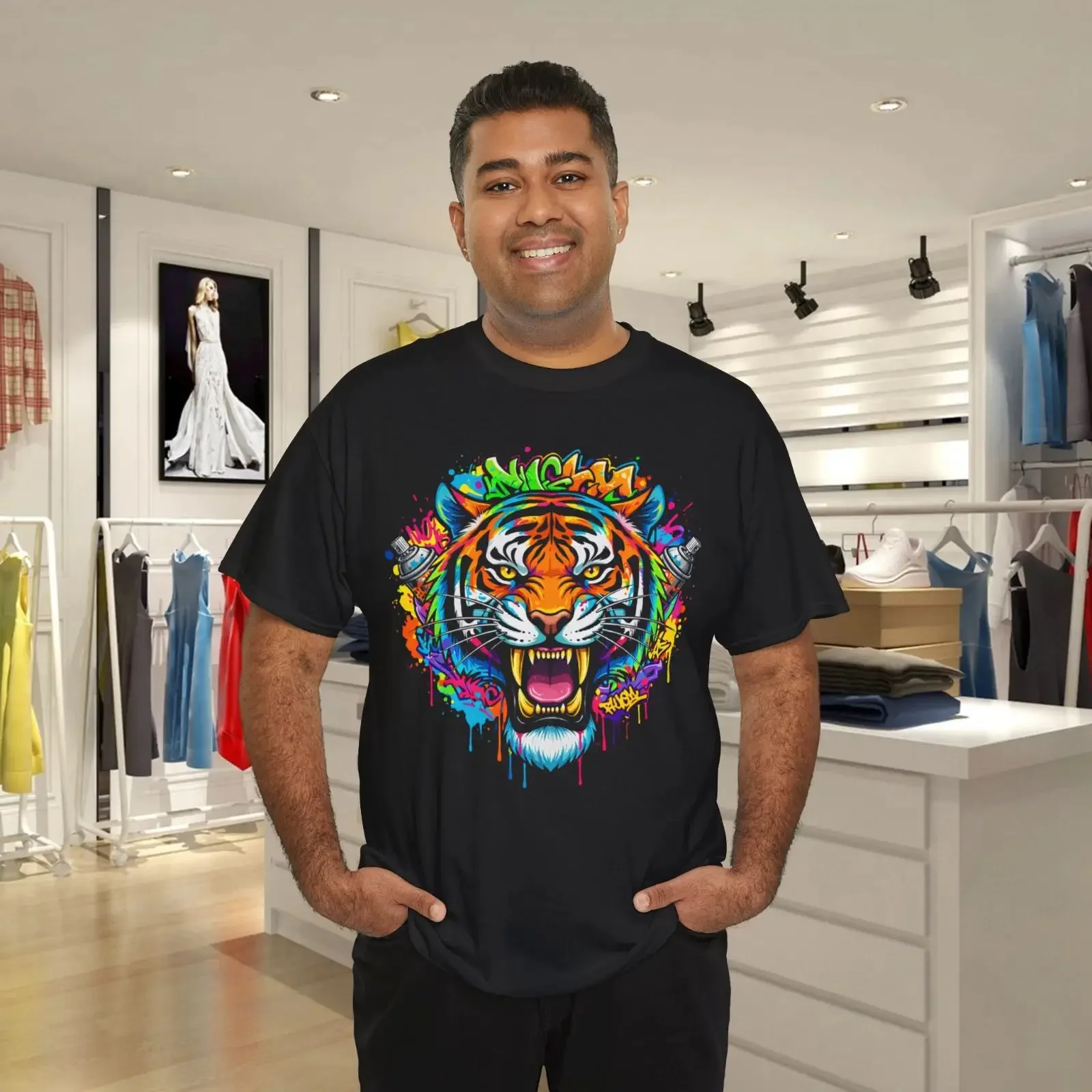 Colorful Graffiti Tiger Face T Shirt Urban Street Art  vintage Washed Stylish fashion Soft homme Top For Everyday Wear
