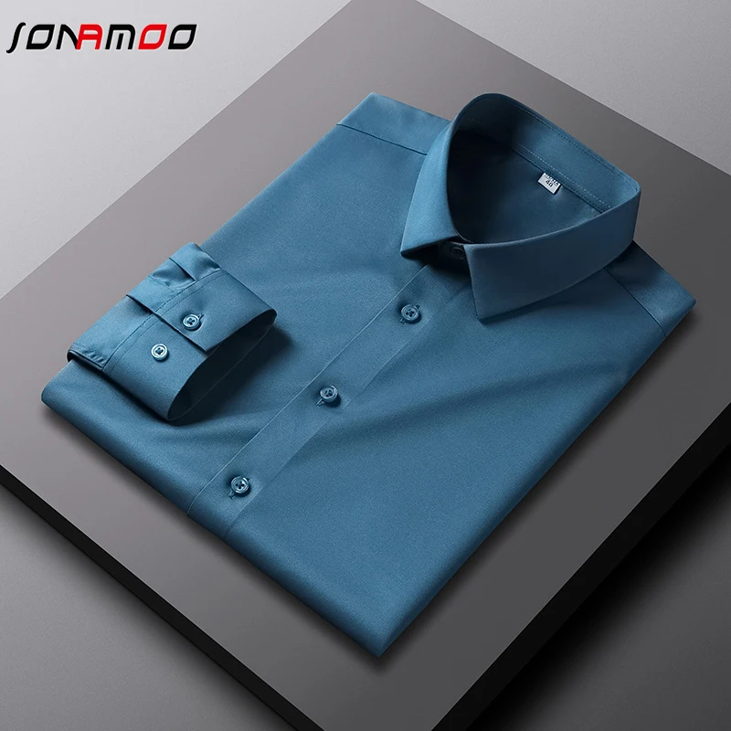 Camisa de manga comprida masculina, blusa empresarial, não resistente a rugas e engomar, casual e elegante, monocromática