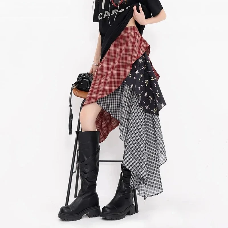 IMU Flowy Ruffle Hem Long Skirt Women Retro Checkered Patchwork Floral Print A Line Skirt Concert Festival Summer Clothes