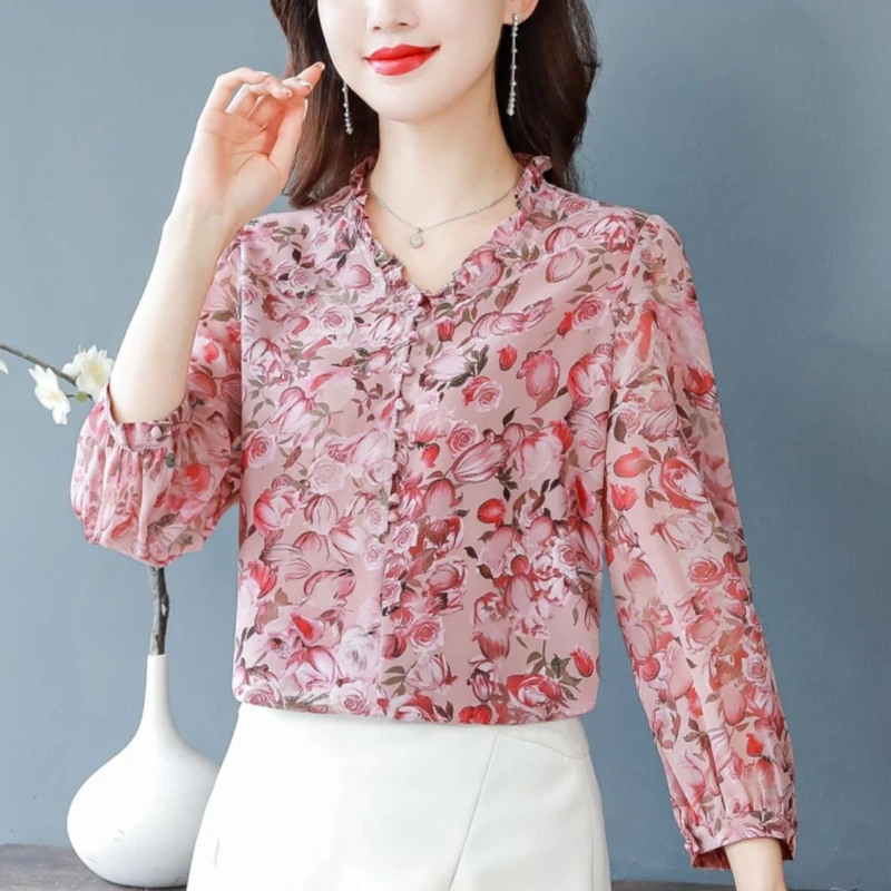 2024 Summer New Fashion Age Reducing Top Women\'s Chiffon Fragmented Flower Thin Shirt Western Loose Style Casual Fashion Shirt