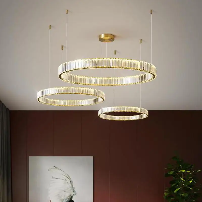 Modern Luxury Crystal Chandelier Villa Staircase Led Dimming Steel Pendant Lights Luxury Gold / Chrome Hanging Lamparas Lamps