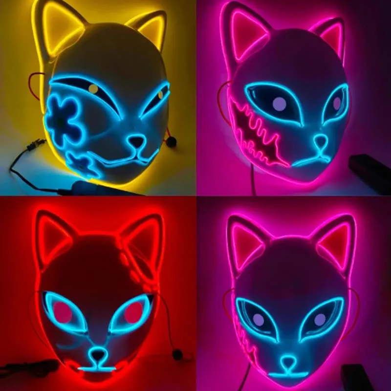 Glowing Demon Slayer Led Face Mask Anime Cosplay Prop Cat Face Fox Halloween Cold Light Flashing Mask Party Costume
