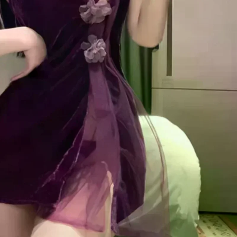 

Sexy Lingerie Purple Velvet Slit Cheongsam Pure Desire Uniform Women Pajamas Set