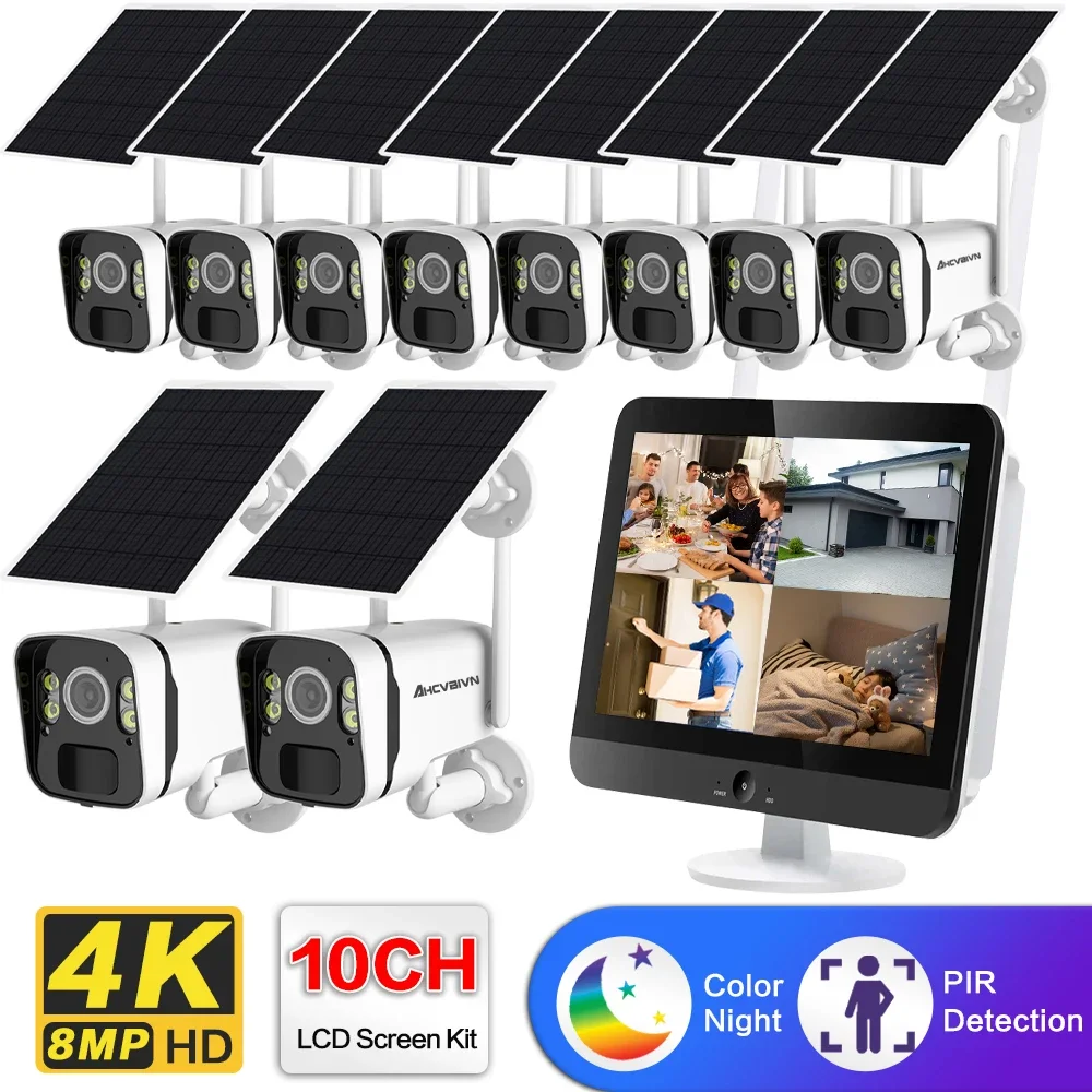 

10CH 5MP Solar Wifi CCTV Camera System Outdoor Rechargeable Battery Camera Security System Video Surveillance LCD Monitor Kit