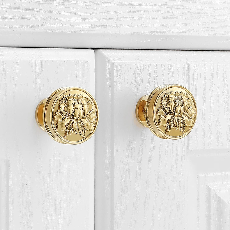 French Peony Design Furniture Handles Bright Brass Drawer Knobs Luxury Round Kitchen Cabinet Handles Children's Room Decoration