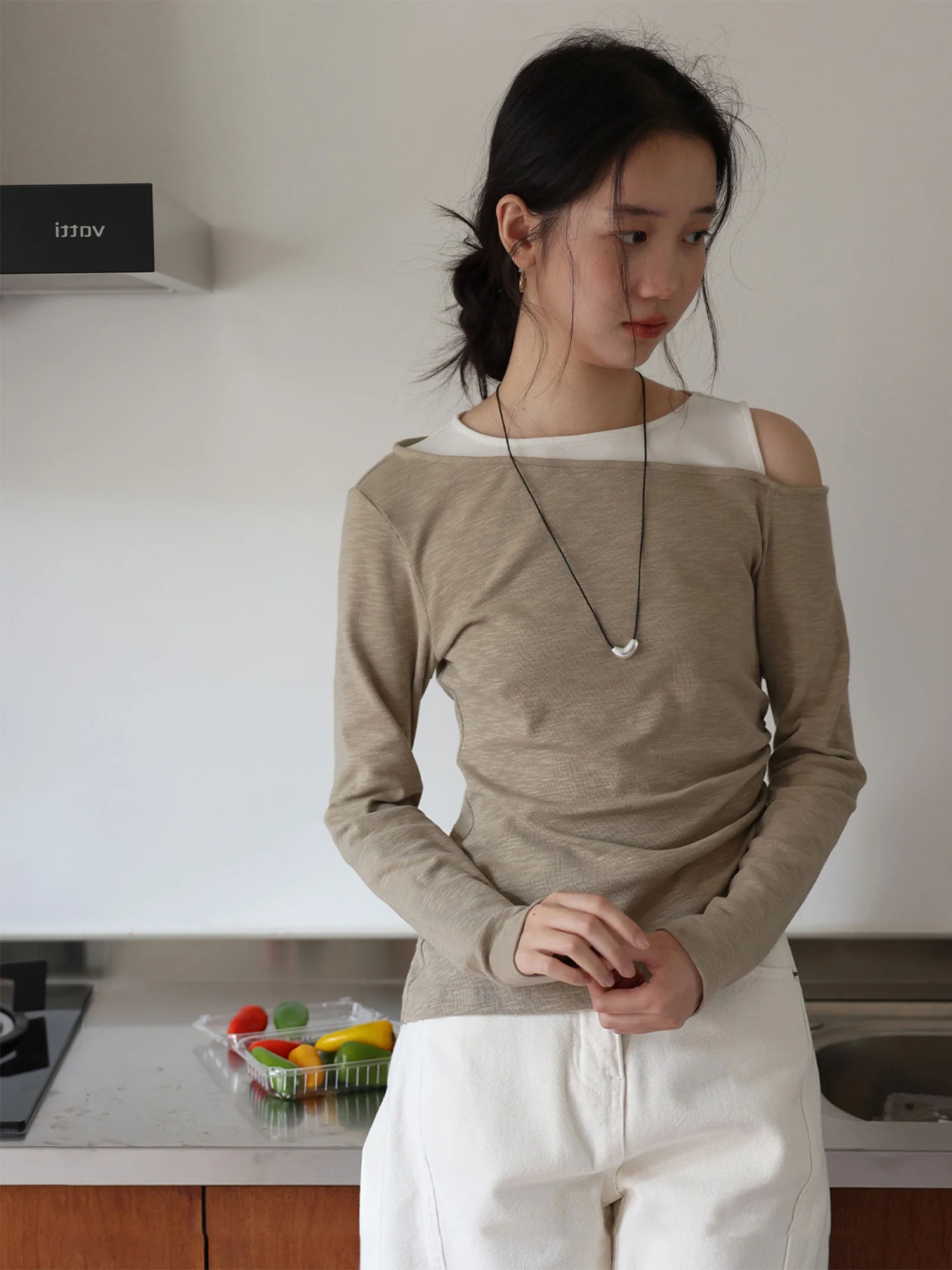 Early Autumn Design Knitted Top Women's Long Sleeve One Shoulder Slant Collar Base Layer Inner Wear T-Shirt Casual Style