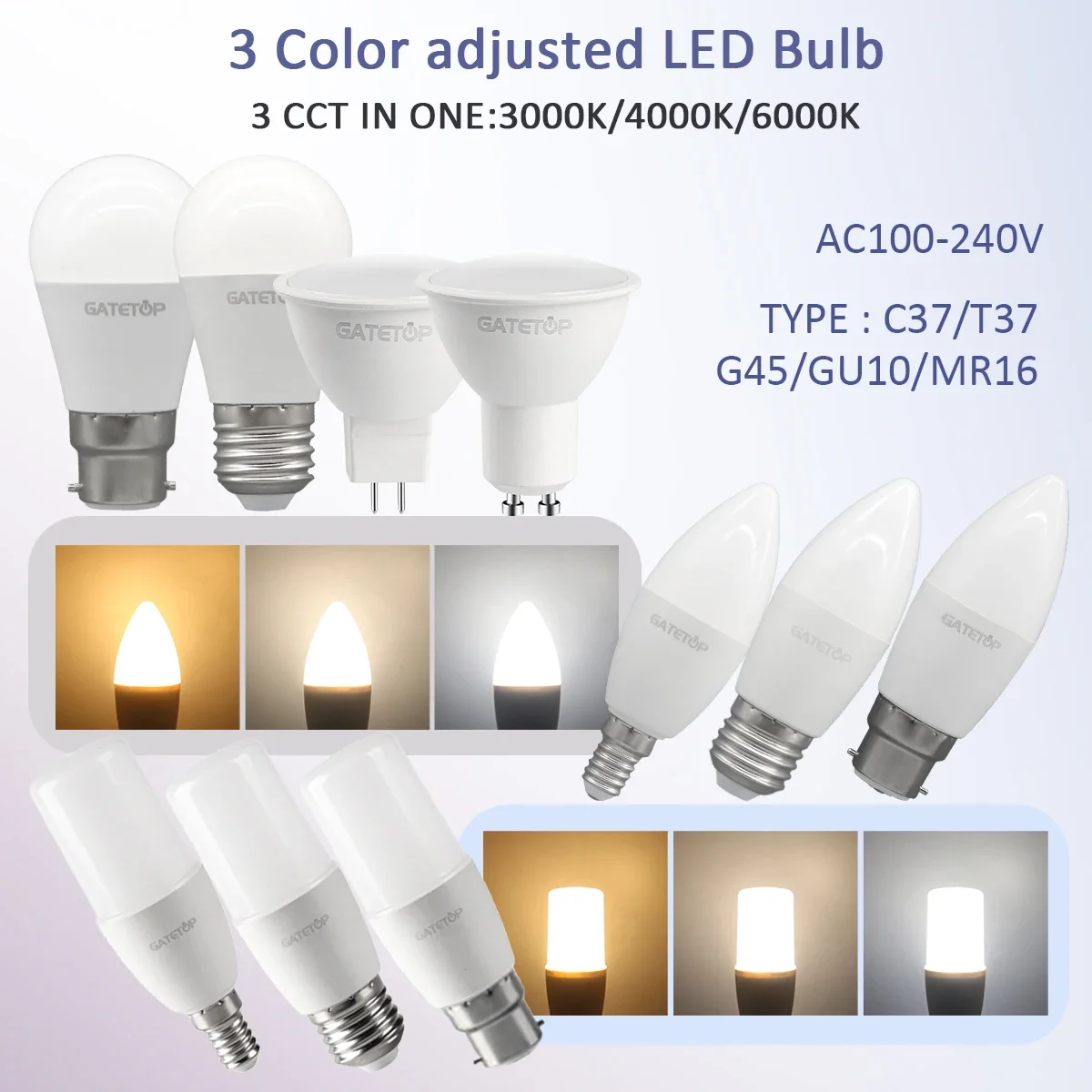 

6pcs LED light Bulb Colour Changing Light CCT(3000K 4000K 6000K) E27 B22 E14 GU10 GU5.3 Base spotlight for home living room