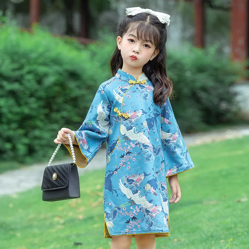 

Girl Summer New Chinese Style Vintage Button Hanfu Flower Print Qipao Dress Party Evening Performance Role Play Skirt Costume