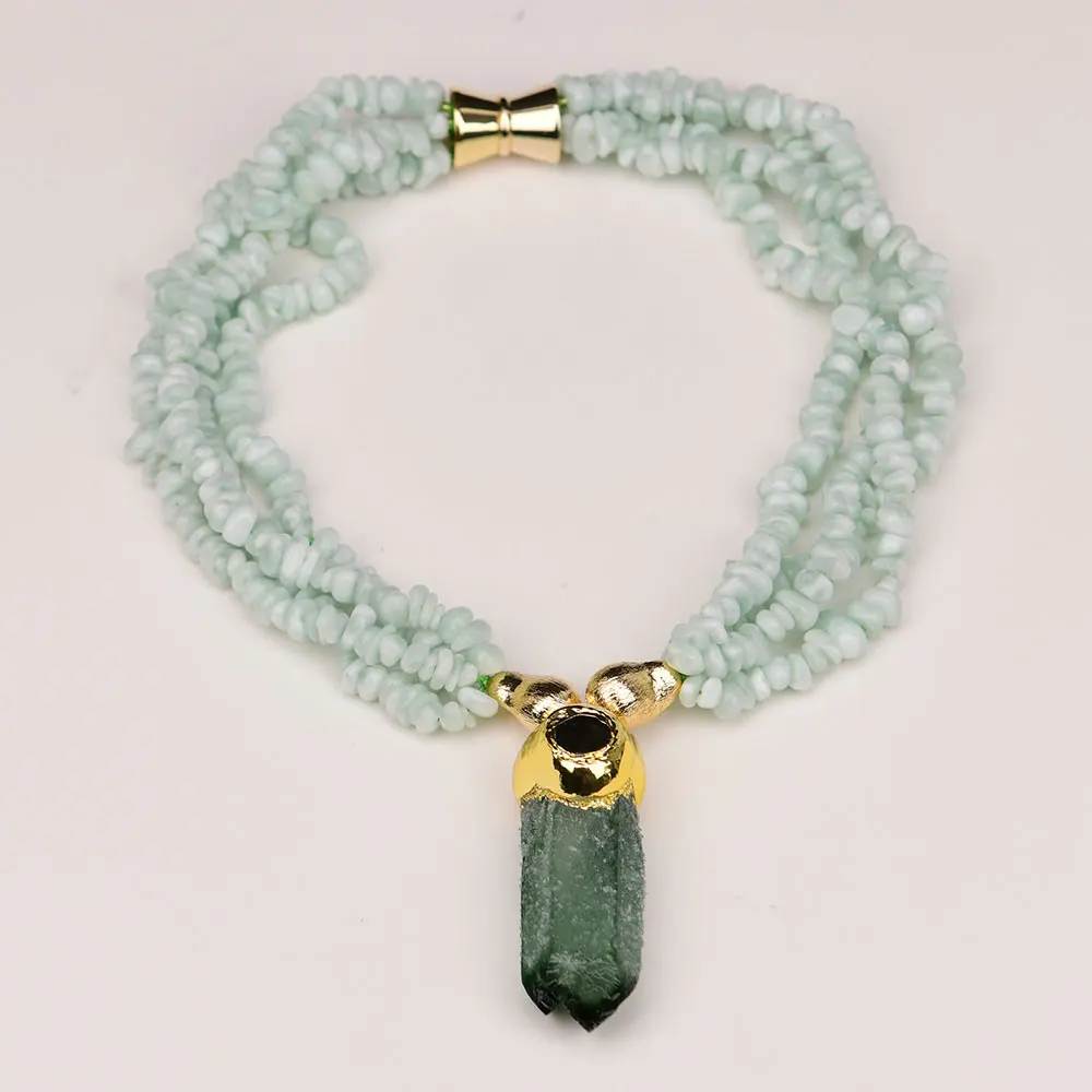 G-G 4 Rows Natural Green Peacock Angel Stone Necklace Quartz Labradorite Pendant
