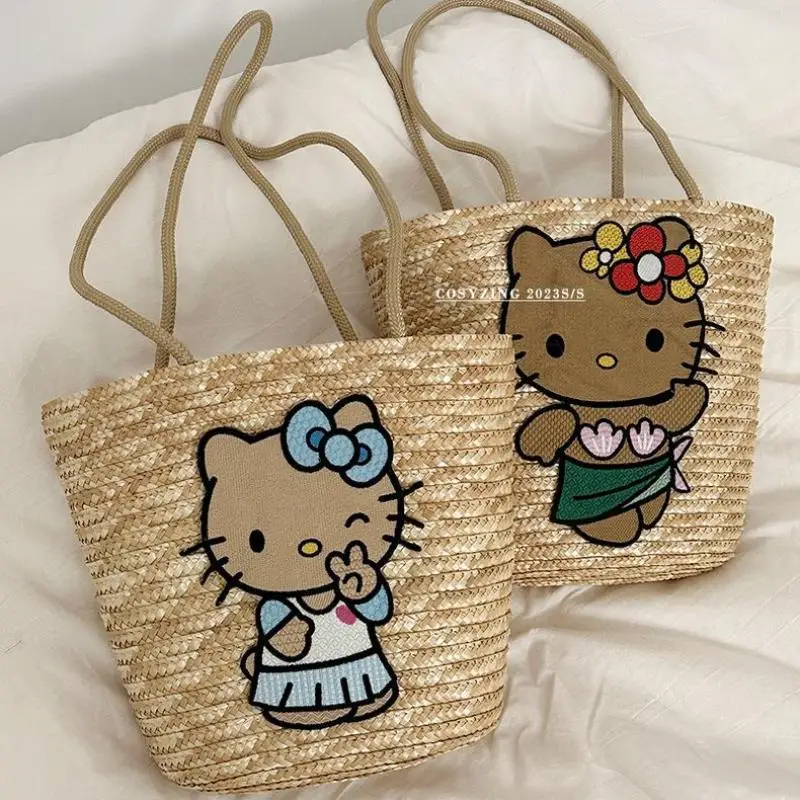 

New Summer Hello Kitty Women's Shoulder Bag Bohemian Handbags Embroidered Beach Vacation Large Capacity Manual Straw Woven Bags