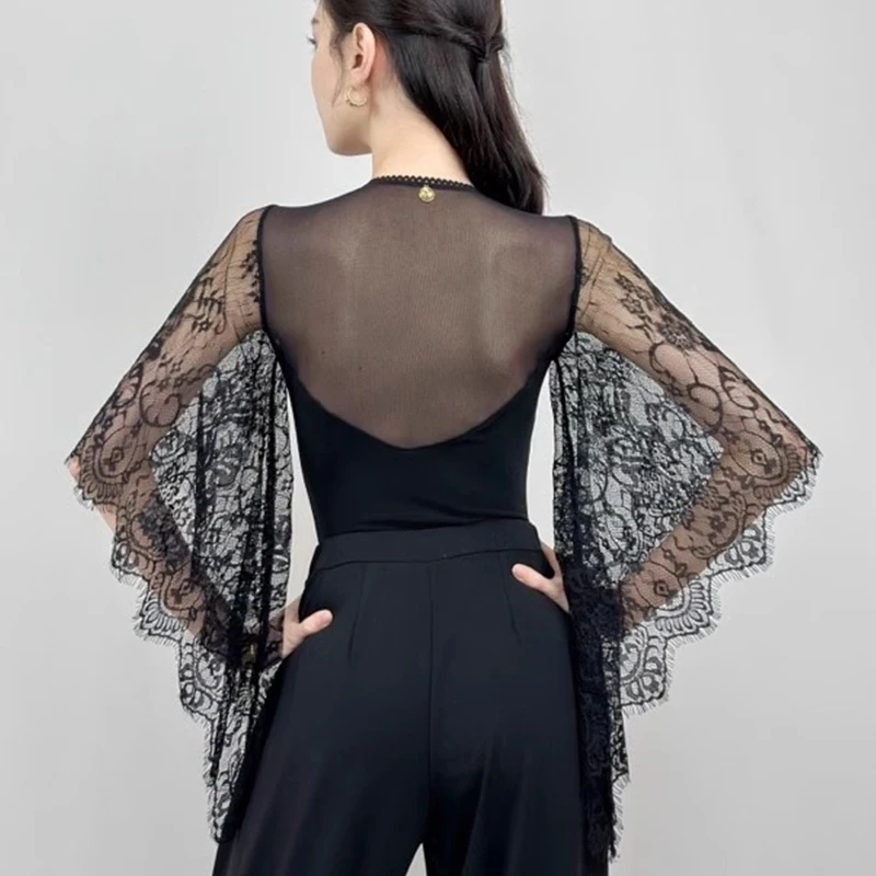 

2025 Women Ballroom Dance Modern Dance Top Mesh Lace Sleeve Top Chacha Rumba Tango Dance Dress Latin Dance Costumes Wear DN20973