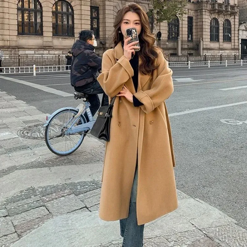 Herbst Winter Lose Woolen Mantel für Frauen Casual Feste Oberbekleidung mit Gürtel Koreanische Mode Chic Weibliche Mantel Kleidung