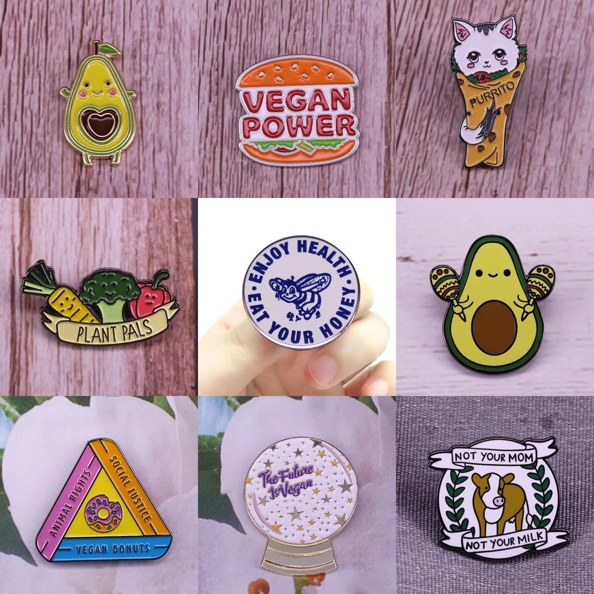 Hard Enamel Pins Vegetarianism Hamburger Toast Avocado Donut Bee Carrot Pussy Vegetarian Vegetables Plant Badges Cartoon Brooch