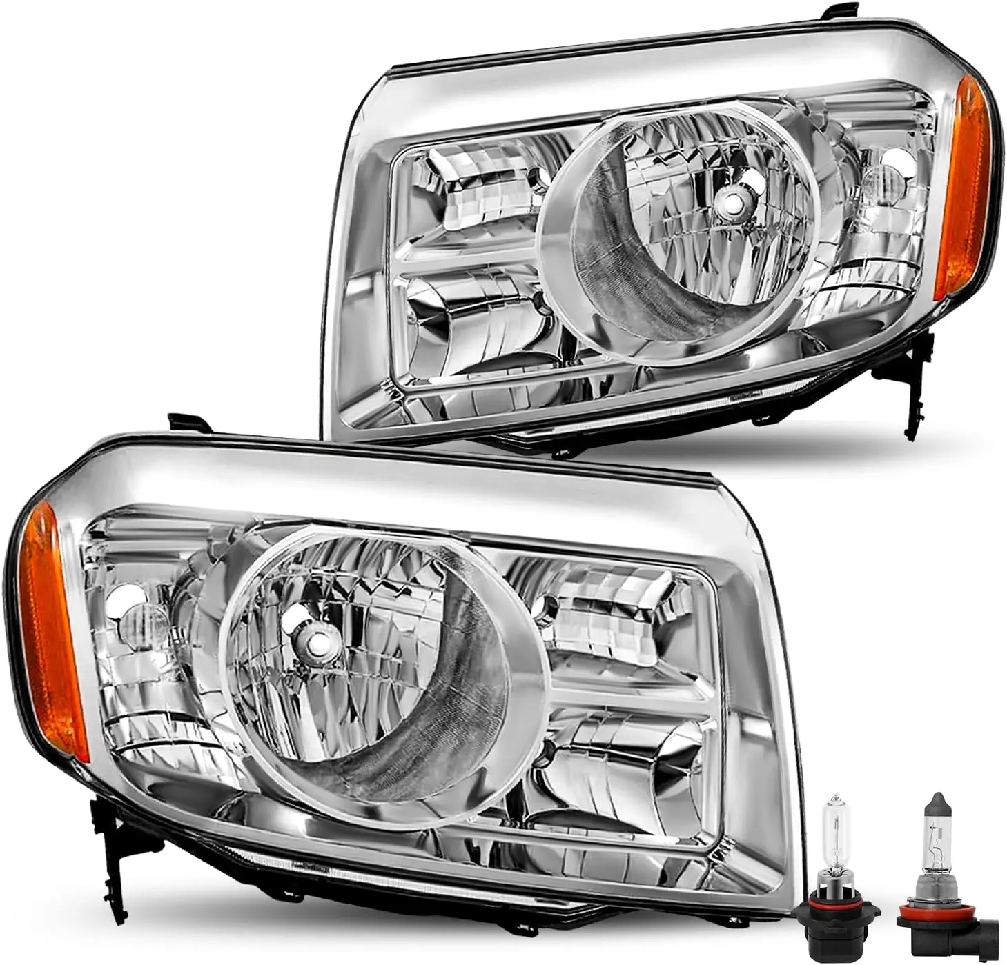 

Пара фар в сборе с лампочками для Honda Pilot 2009 2010 2011, OEM, галогенная фара, сменный хромированный корпус с янтарным отражателем