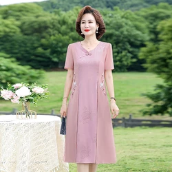 Vintage Middle-aged fake two Embroidery Flower Dress Women Summer Elegant Short Sleeve chiffon Party Dress Casual mother