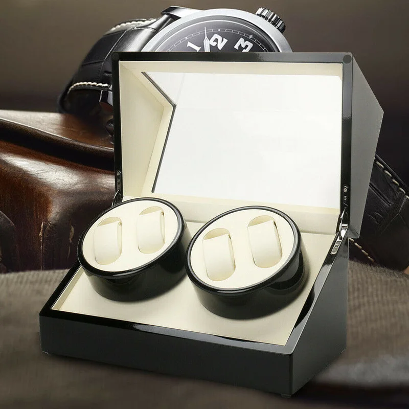 4+0 Watches Winder Wood Watch Showcase Display Box Storage Case Black Automatic Rotation Organizer Box