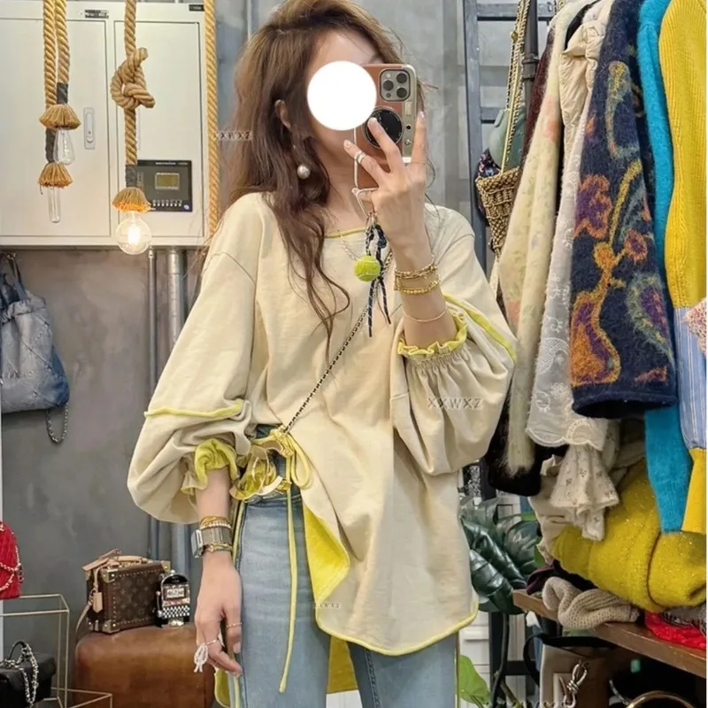 Korean Lazy Split Hem Sweatshirt Plus Size Women 300Lbs Contrast Ruffle Cuff Spring Loose Casual Pullover S-6XL
