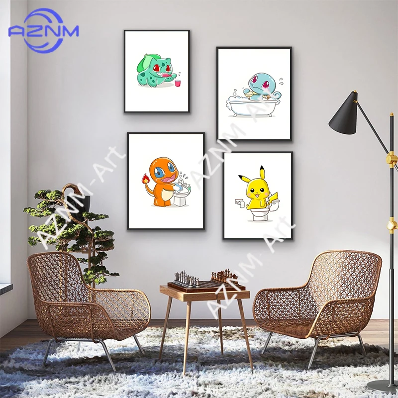 Pokemon Cartoon Funny Canvas Painting Pikachu Bulbasaur Anime Posters Mural Pictures Wall Art Bathroom Aesthetic Decor Cuadros