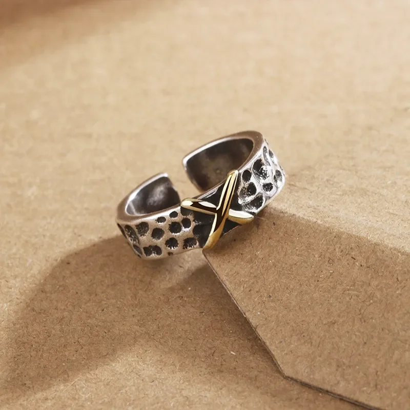 Vintage Two Tone Letter Index Finger Ring Men Ins Style Trendy Open Cross Ring Imitation Thai Silver Jewelry for Male Fashion