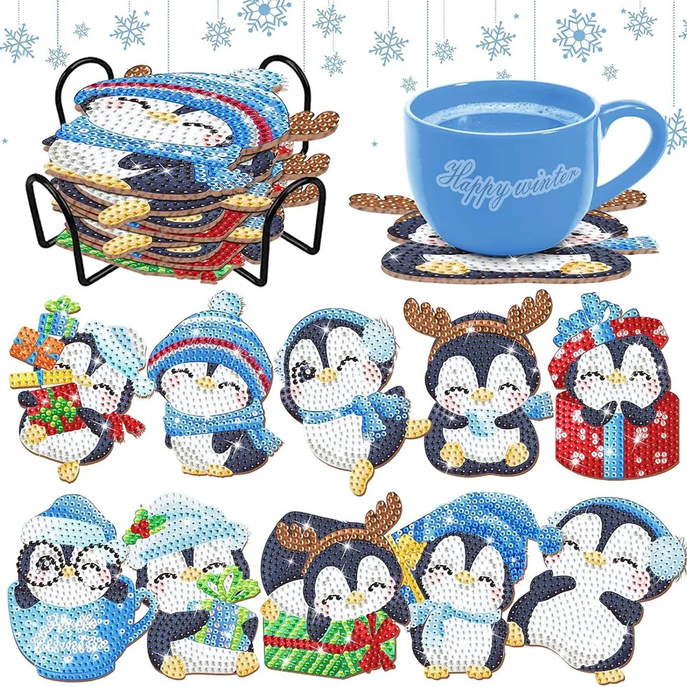 

10pcs Penguin Diamond Art Coasters Kits Figurines Penguin Diamond Painting Coasters for Kids Art Table Home Craft Gift Supplies