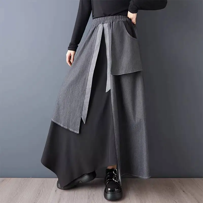 # 3030 Asymmetrischer Rock für Damen, Zweiteiliger Look, Geteilter Denim-Rock mit Elastischer Taille, Lange Röcke Frühling 2026