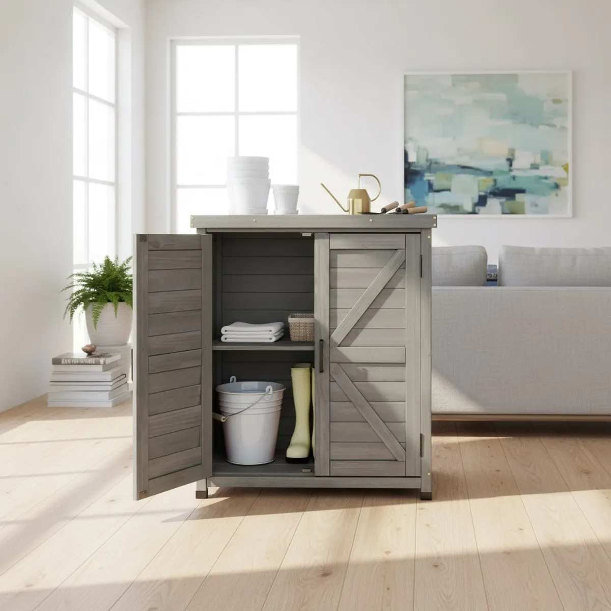Wooden Outdoor Storage Cabinet Potting Bench Table 36x31x17in Classic Grey Garden Workstation Patio Furniture