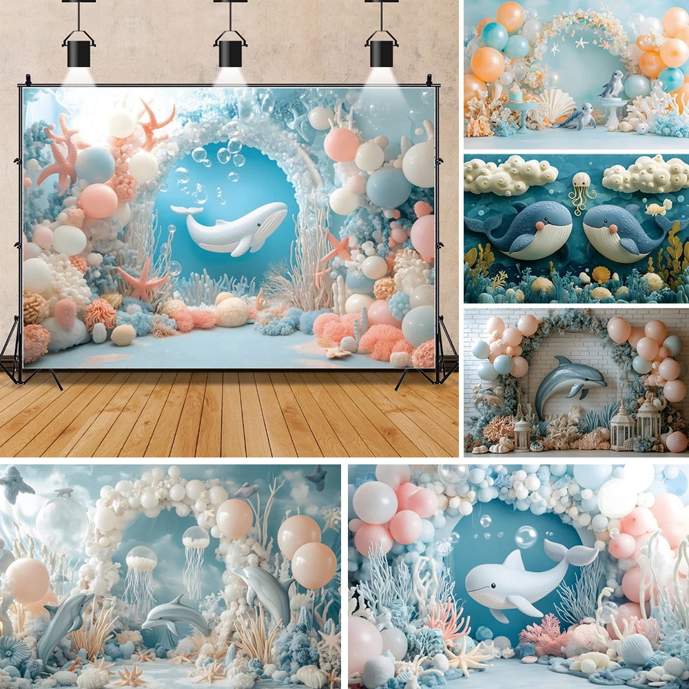 

3D Underwater World Whale Photography Background Coral Seagrass Fish Kids Birthday Portrait Baby Shower Backdrop Photo Studio