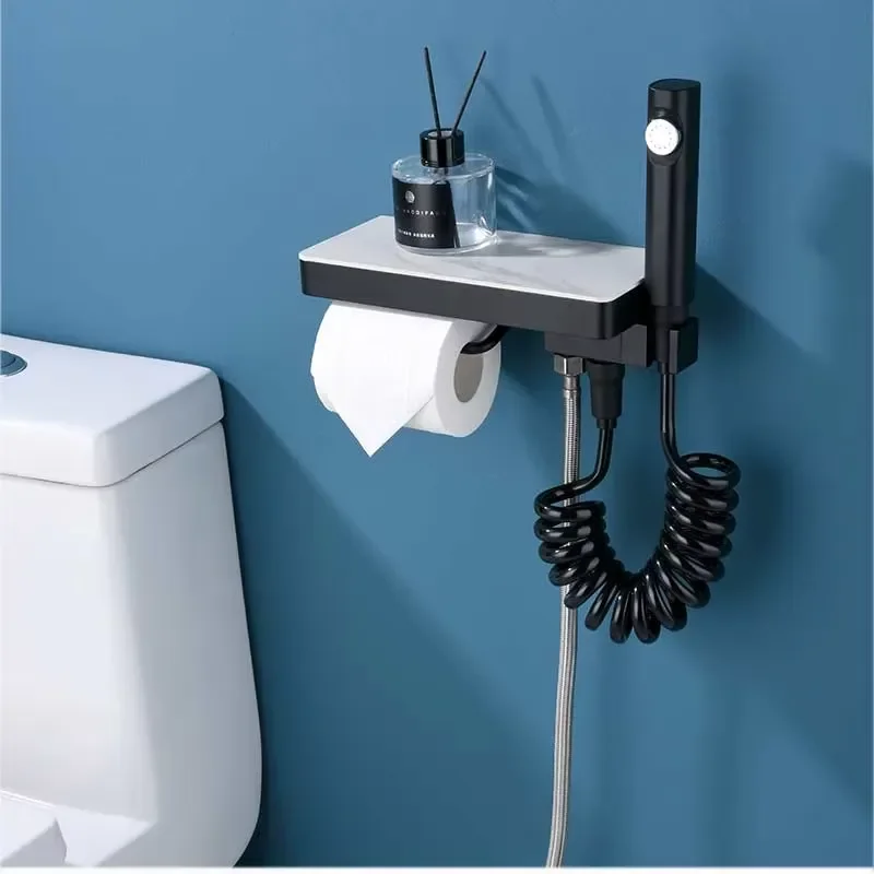 Matte Black 304 Stainless Steel Toilet Paper Holder with Marble Base Modern Wall Mounted Bathroom Tissue Roll Stand for Hotel