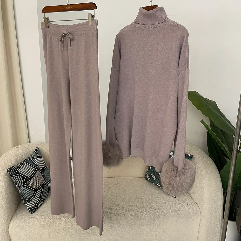 OFTBUY 2024 Neue Mode Herbst Winter Natürlicher Echter Fuchspelz-Manschetten-Mantel Gestrickter Pullover Damen Lange Hosen Set Jacke Dick Warm – Detail 5