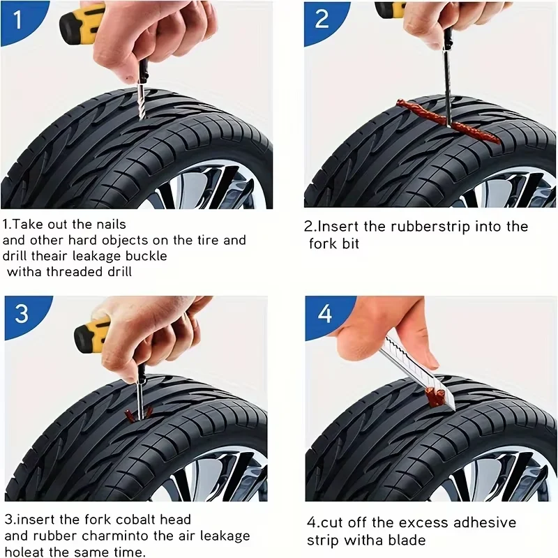 Tubeless Tire Repair Kit, Emergency Puncture Repair Tool Set with Rubber Strips and Plug Nails for Cars Motorcycles Scooters EVs