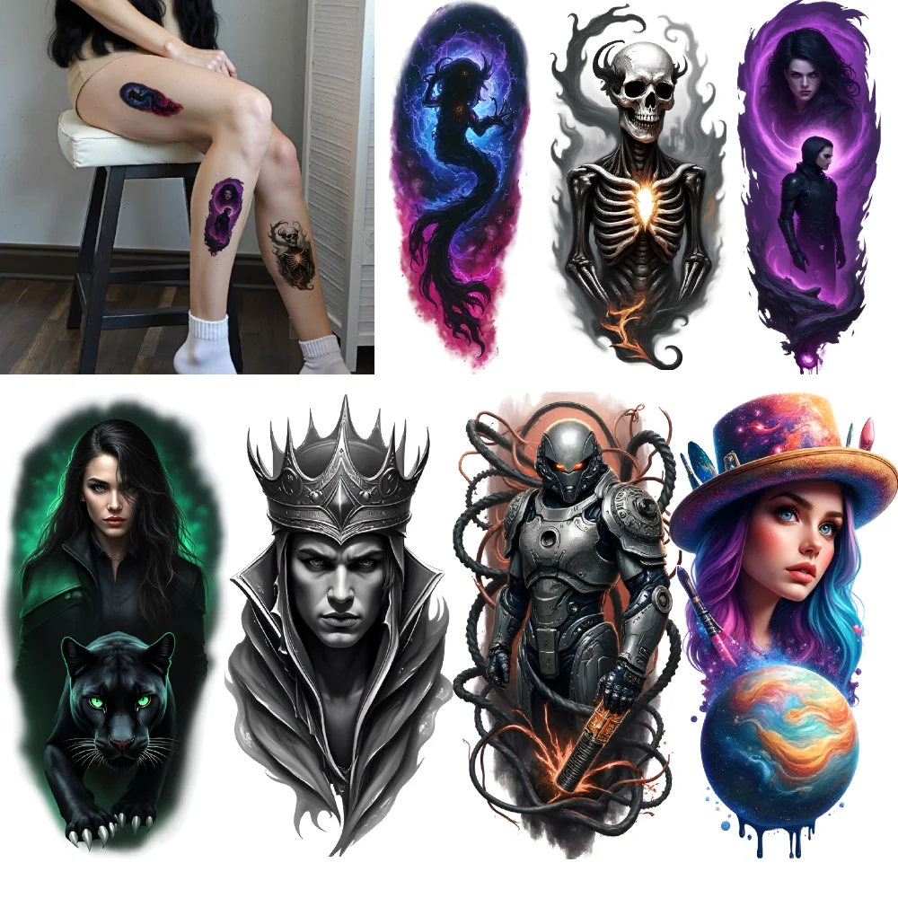 

3 шт. временная татуировка темная корона король реалистичные временные татуировки пылающий скелет пантера женщина красочный реализм на спине