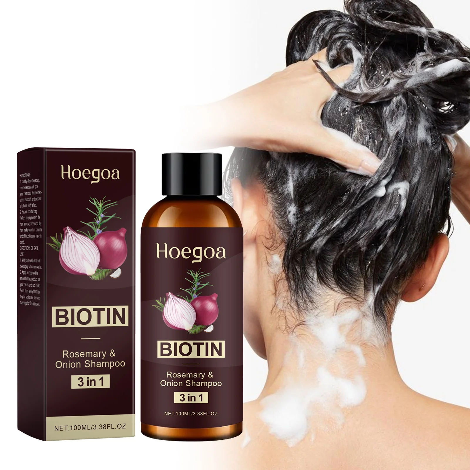 Champú 3 en 1 con extracto de cebolla para una limpieza suave del cabello, suaviza las hebras, hidrata el cuero cabelludo y cuida el cabello.