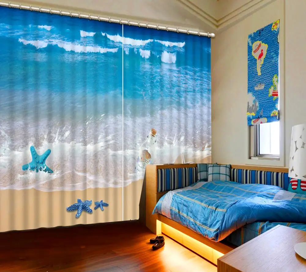 Luxury Blackout 3D Window Curtains For Living Room Bedroom beach wave curtains blue room curtain