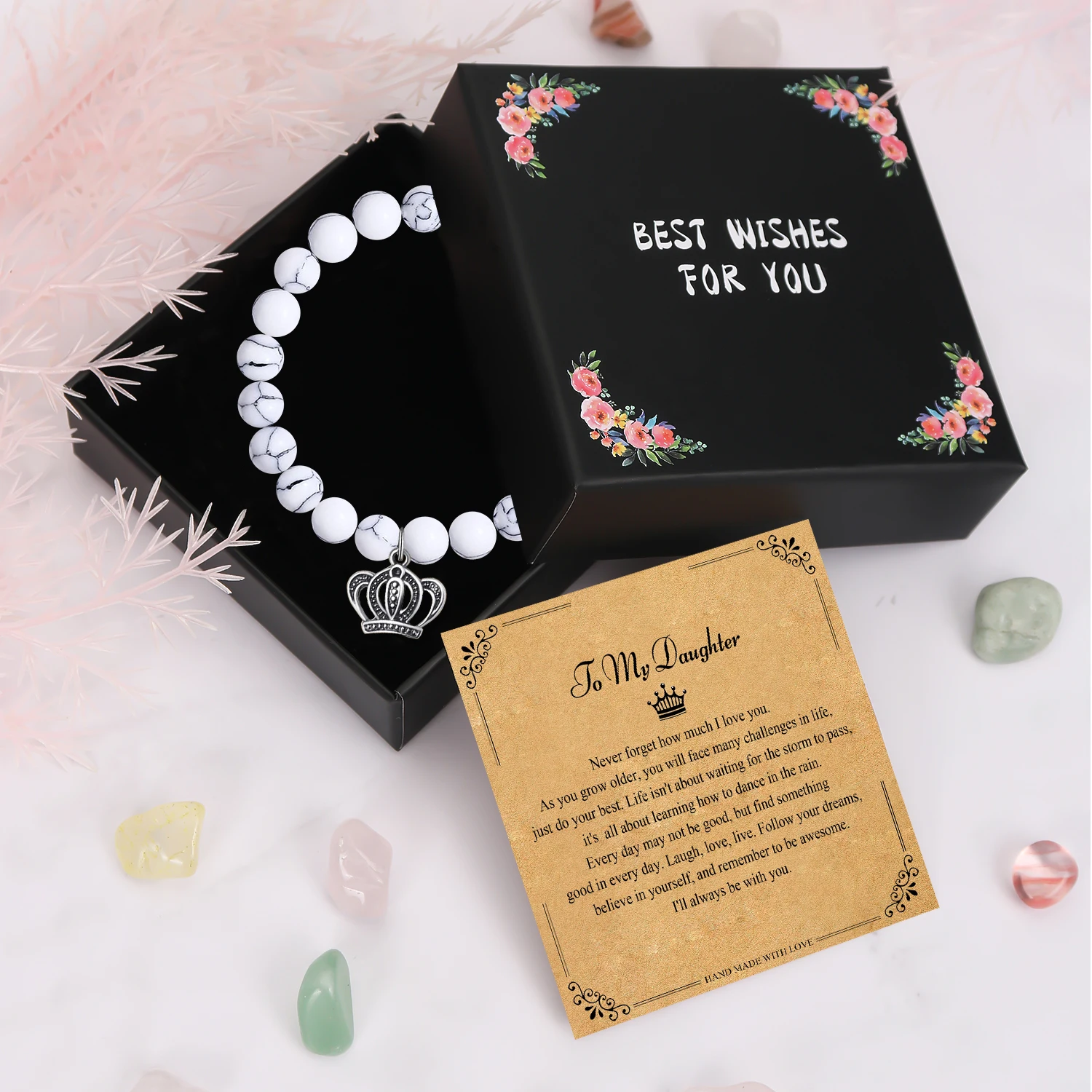 1PC Unique Christmas Gift for Daughter,Elegant Crown Pendant Bracelet with Gift Box Blessing Card,Crown Bracelet give Daughter