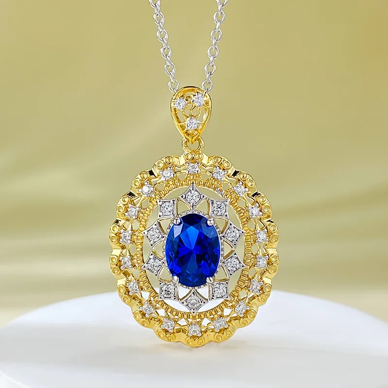 S925 Silver Crafts Palace Style 6 * 8 Sapphire Necklace Pendant Wholesale for Women