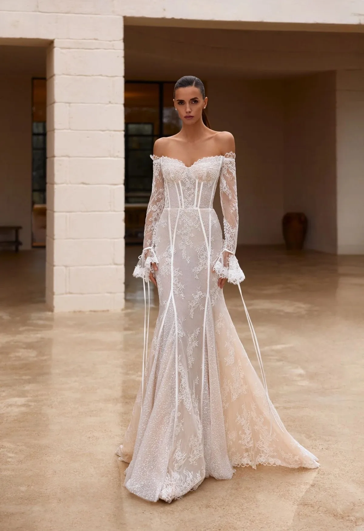 Custom Off The Shoulder Mermaid Wedding Dress Long Flare Sleeves Boned Corset Lace Appliques Bridal Gown For Outdoor Wedding